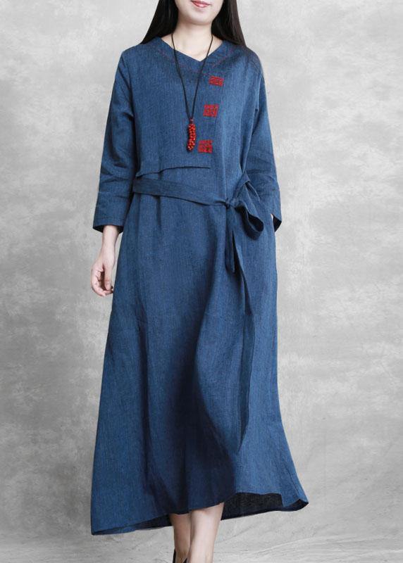 WW | Blue Fine Box Coat Fabrics Round Neck Tie Waist Jackets