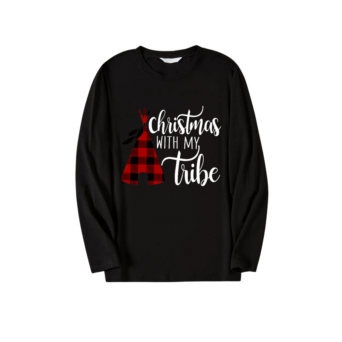 WW | "Merry Christmas" Text Print Black Long Sleeve Top with Green and Black Plaid Family Pajamas