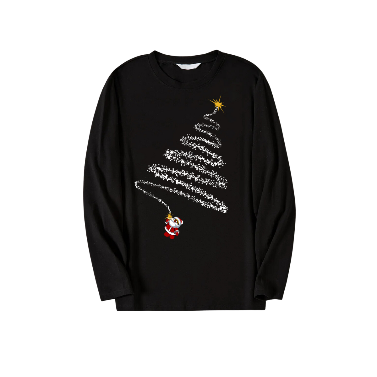 WW | Santa & Christmas Tree Print Black Long Sleeve Top with Green & Black Plaid Family Matching Pajamas