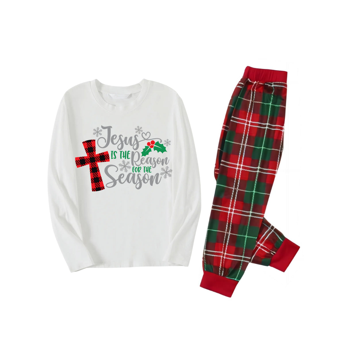 WW | Weihnachten "Jesus ist der Grund für die Saison" Buchstabenprint gemustert weiß Langarm mit weißen&roten&grünen Karohose Familienpassende Schlafanzüge