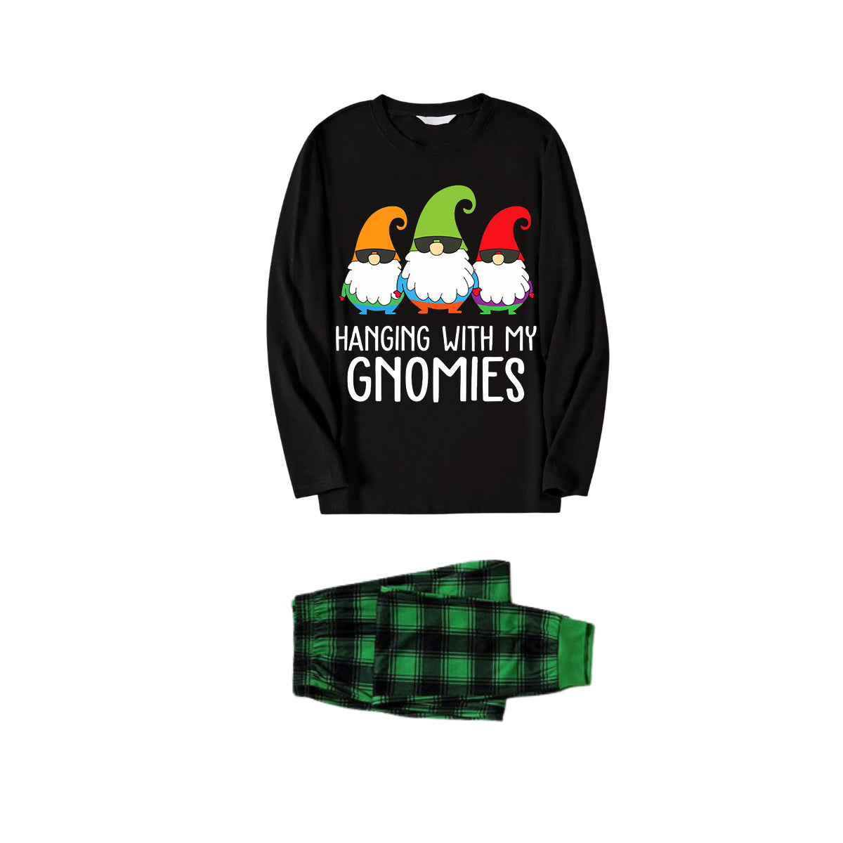 WW | Three Santas "HANGING WITH MY GNOMIES" Monogram-Druck Schwarz Langärmliges Oberteil mit Vintage Grün und Schwarz Großes Karomuster Familie Passende Pyjamas