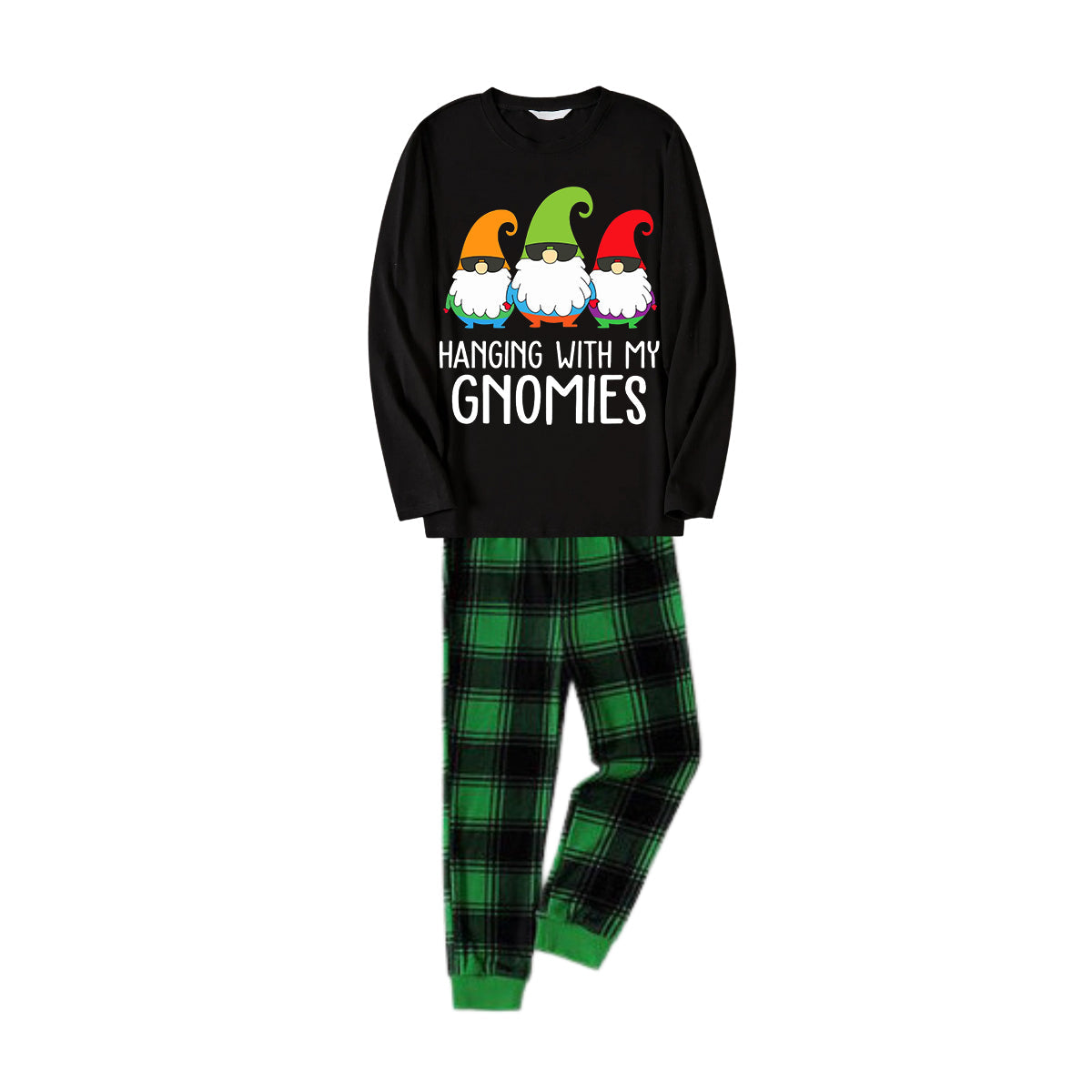 WW | Three Santas "HANGING WITH MY GNOMIES" Monogram-Druck Schwarz Langärmliges Oberteil mit Vintage Grün und Schwarz Großes Karomuster Familie Passende Pyjamas