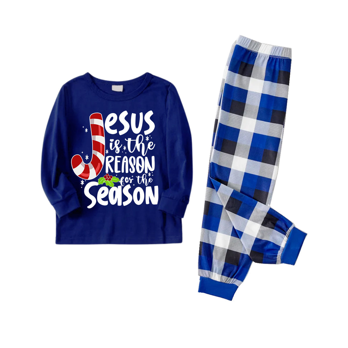 WW | Weihnachten Jesus Weiße Buchstaben Druck Kontrast Blau Langarm-Shirt mit Blau und Weißen Karotten Hosen Familie Übereinstimmende Pyjamas