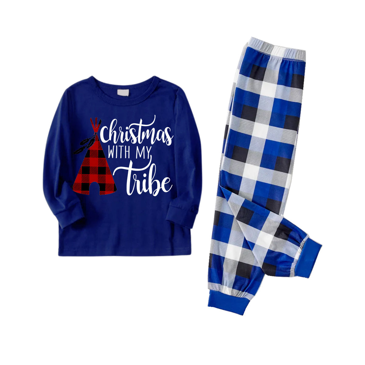 WW | "Weihnachten Mit Meinem Stamm" Muster Blau Langarmshirt mit Blau-Weiß-Schwarz Karierten Hosen Familie Passende Pyjamas