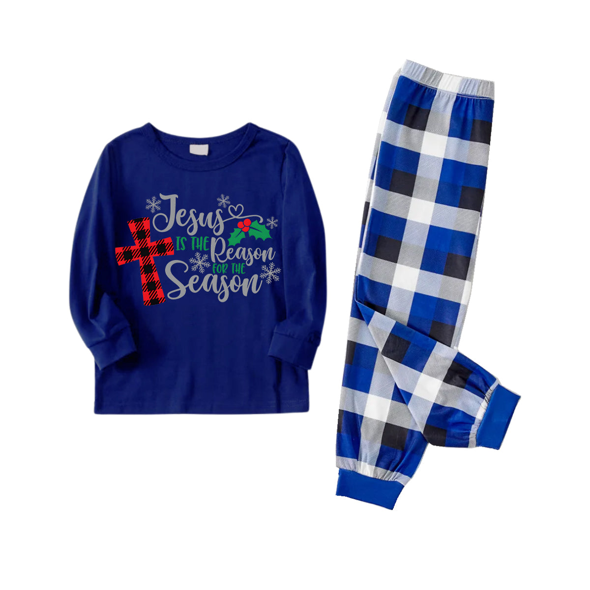 WW | Christmas "Jesus Is The Reason For The Season" Letter Print Patterned Blue Long-Sleeved Shirts with Blue and White Plaid Pants Family Matching Pajamas