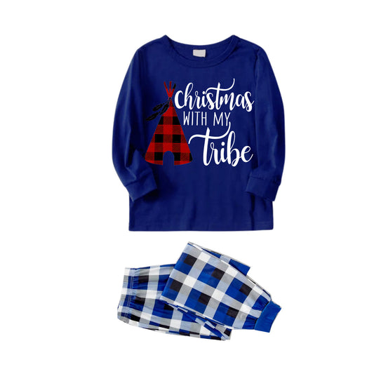 WW | "Christmas With My Tribe" Blue Long Sleeve Shirt with Blue-White-Black Plaid Pants Family Matching Pajamas