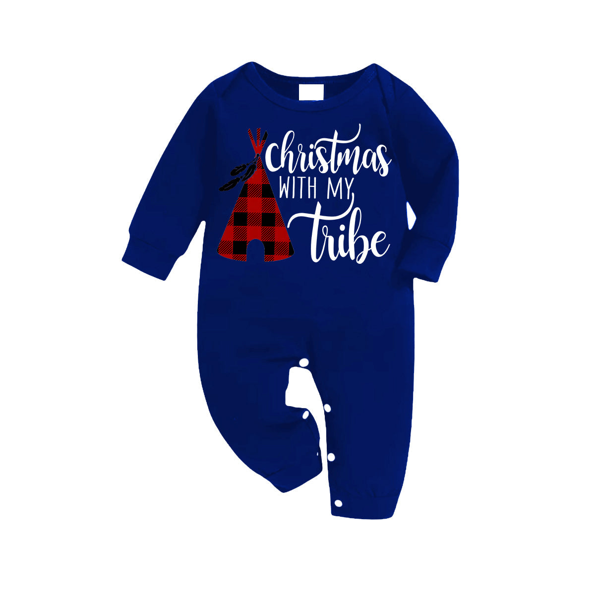 WW | "Weihnachten Mit Meinem Stamm" Muster Blau Langarmshirt mit Blau-Weiß-Schwarz Karierten Hosen Familie Passende Pyjamas