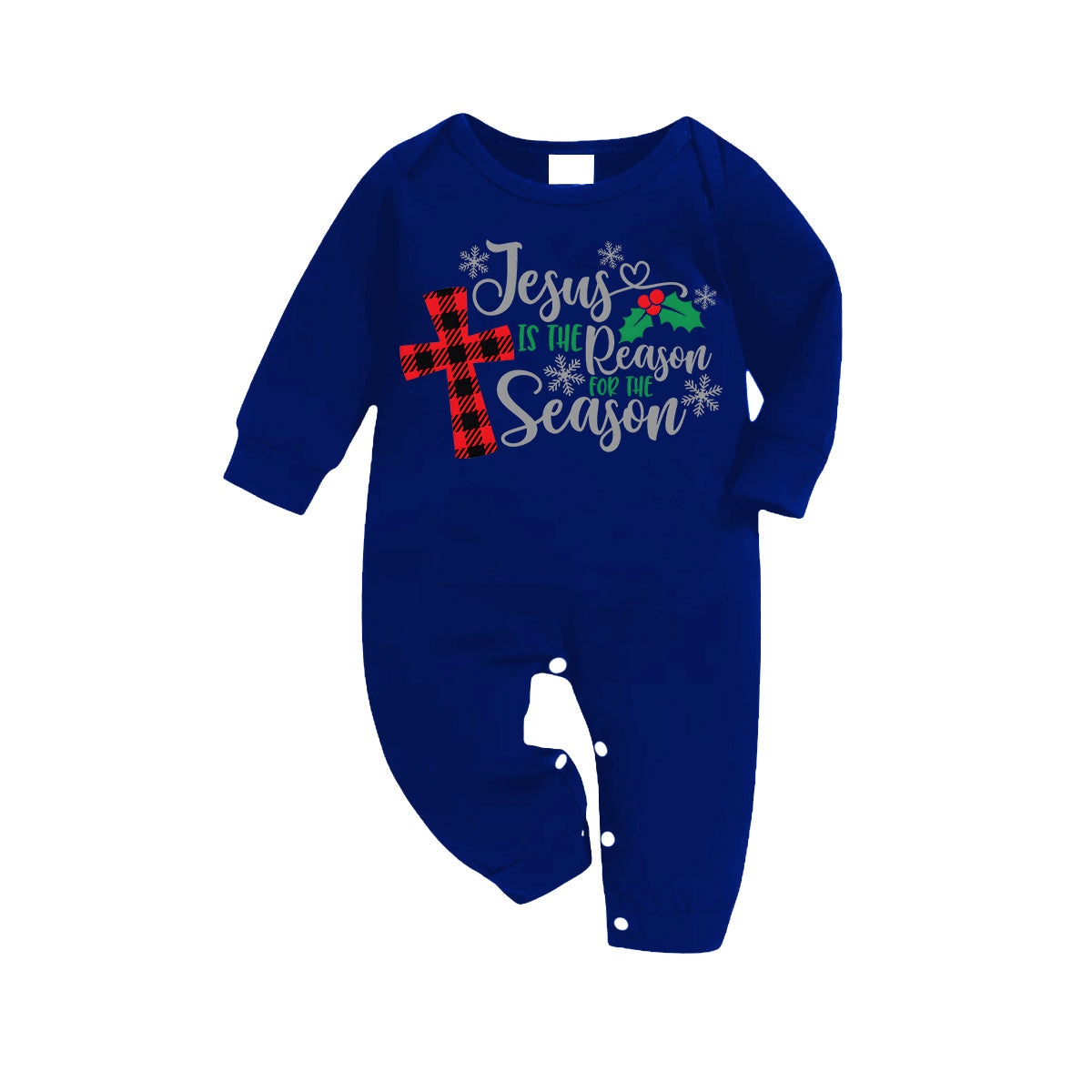 WW | Christmas "Jesus Is The Reason For The Season" Letter Print Patterned Blue Long-Sleeved Shirts with Blue and White Plaid Pants Family Matching Pajamas