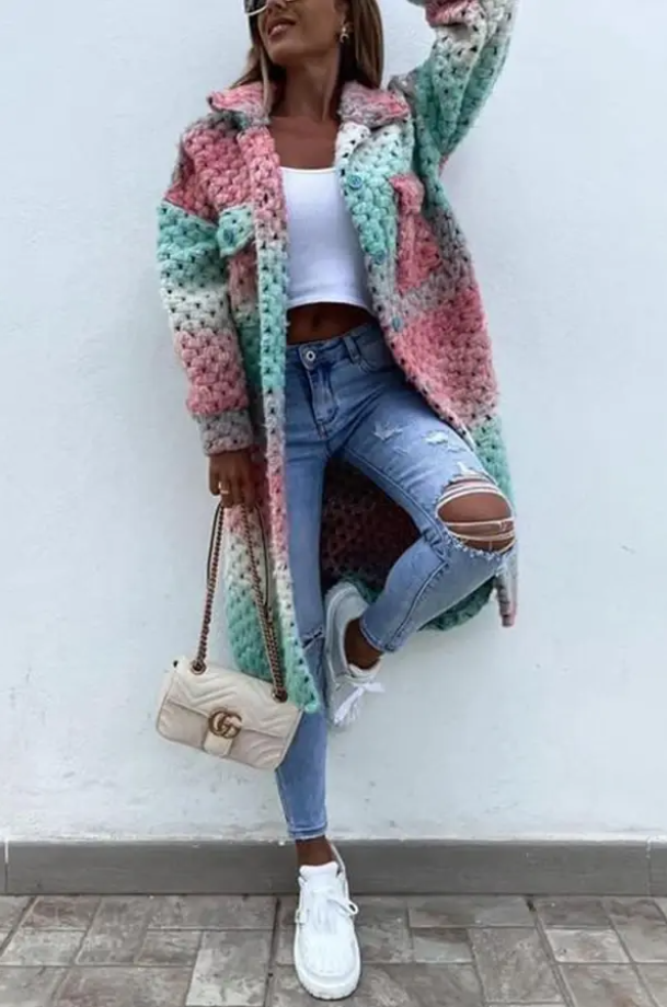 WW | Long, Braided Rainbow-Colored Women's Coat