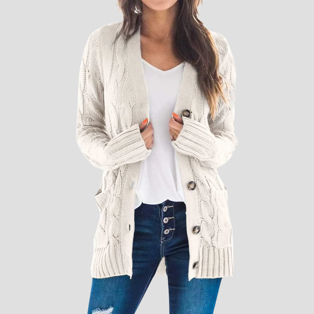 WW | Damen Kabelstrick-Cardigan mit Knopfschluss und Taschen