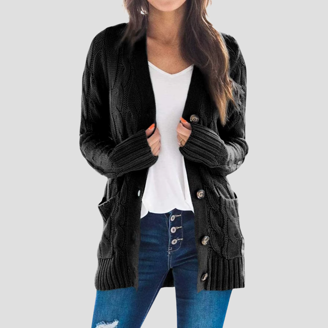 WW | Damen Kabelstrick-Cardigan mit Knopfschluss und Taschen