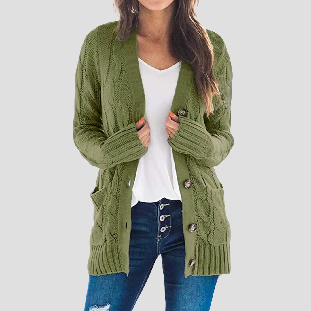 WW | Damen Kabelstrick-Cardigan mit Knopfschluss und Taschen