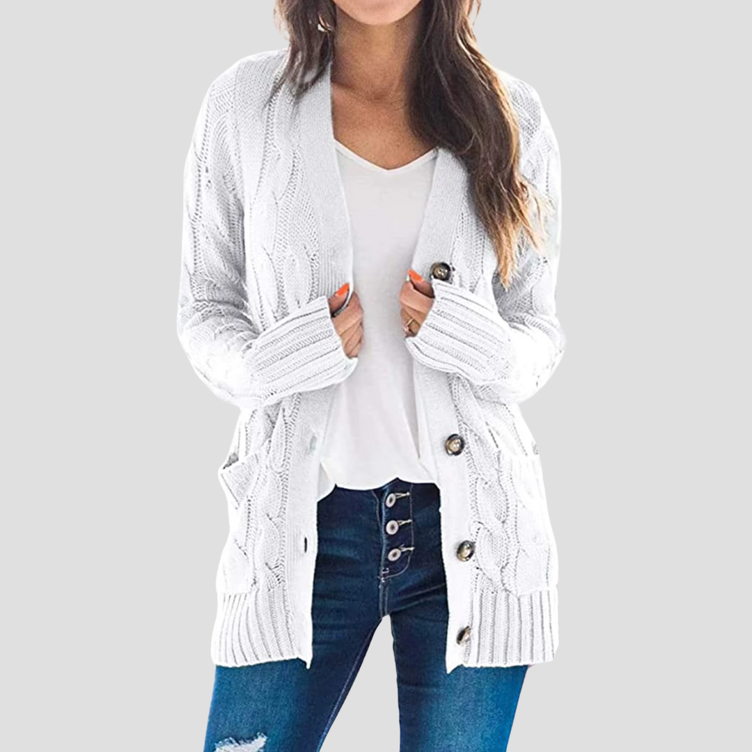 WW | Damen Kabelstrick-Cardigan mit Knopfschluss und Taschen