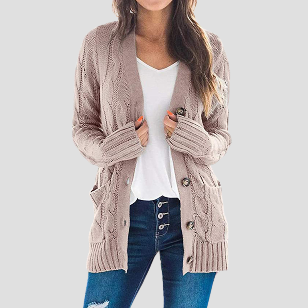 WW | Damen Kabelstrick-Cardigan mit Knopfschluss und Taschen