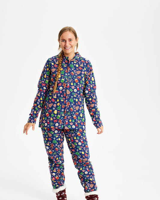 WW | Verrückter Weihnachts-Pyjama Flanell Blau - Damen