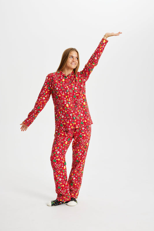 WW | Verrückter Weihnachts-Pyjama Flanell Rot - Damen