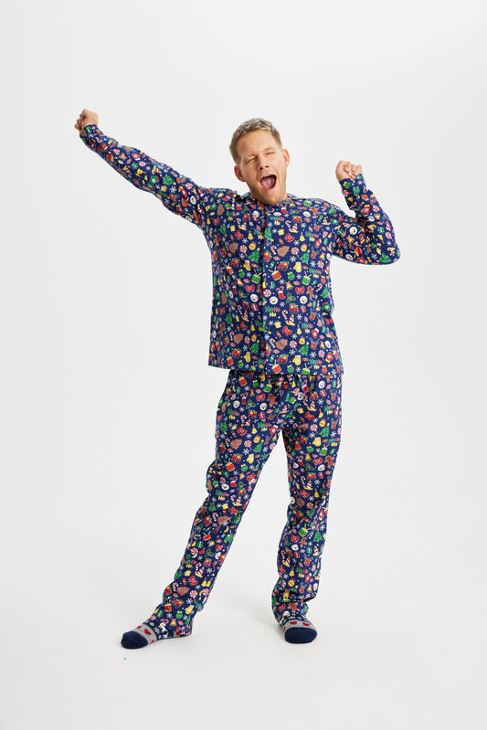 WW | Verrückter Weihnachts-Pyjama Flanell Blau - Herren
