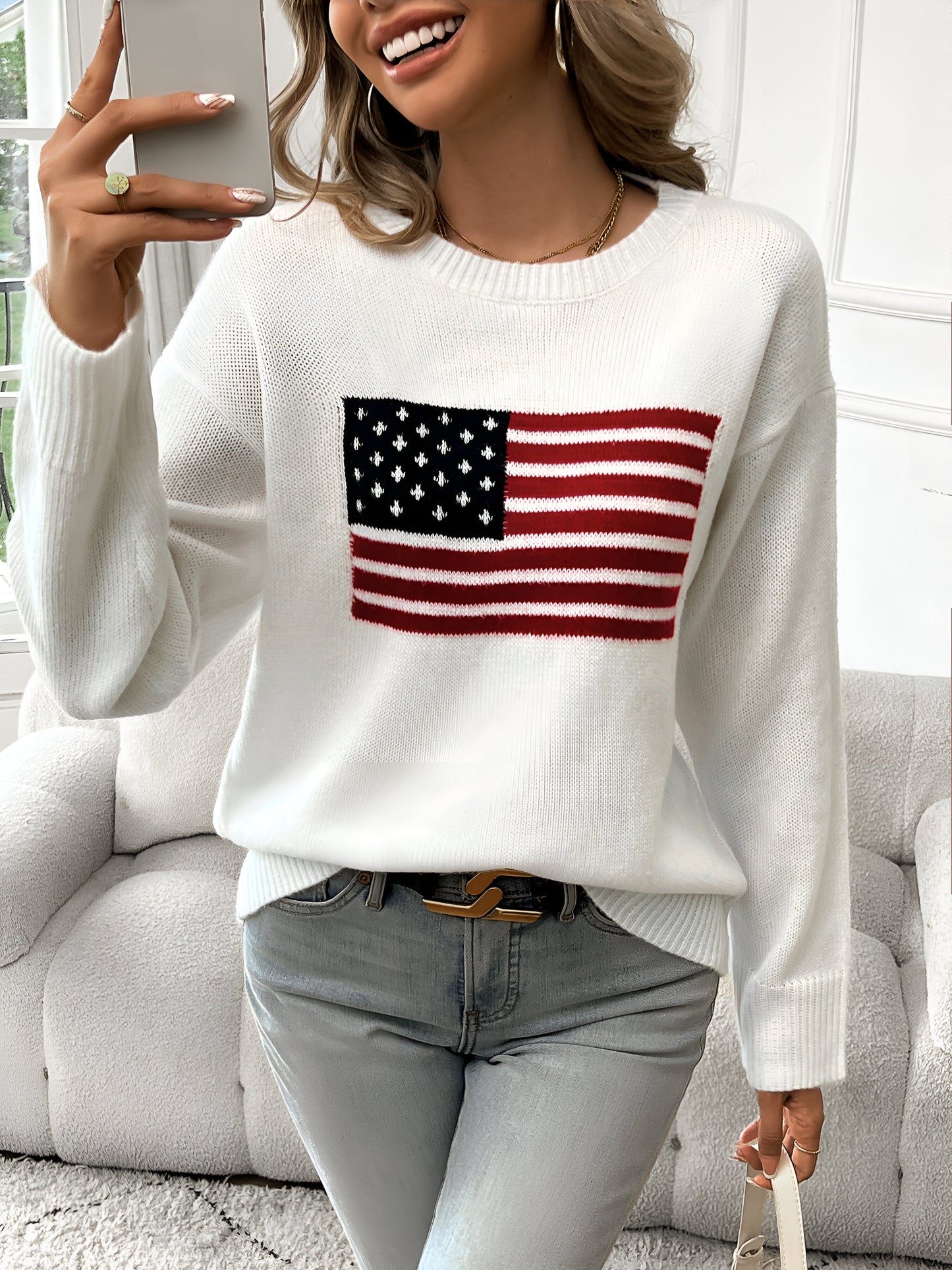 WW | Amerikanische Flagge Rundhalsausschnitt Pullover