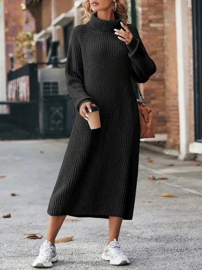 Elegant long dress with a straight cut and high collar
