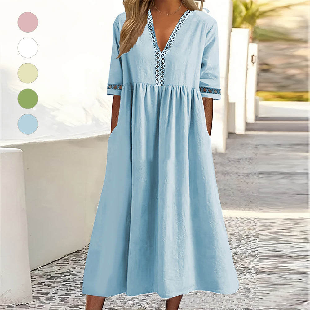 WW | Casual Loose V-Neck Cotton Linen Summer Dress with Short Sleeves