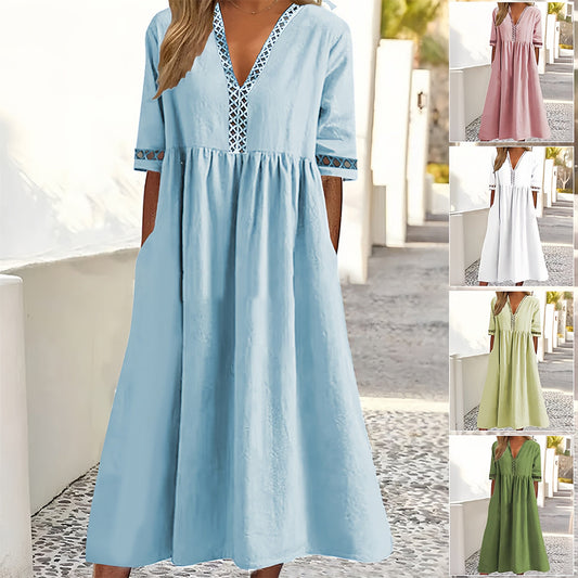 WW | Casual Loose V-Neck Cotton Linen Summer Dress with Short Sleeves