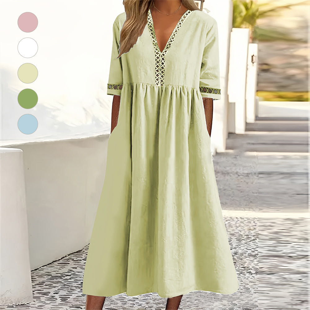 WW | Casual Loose V-Neck Cotton Linen Summer Dress with Short Sleeves