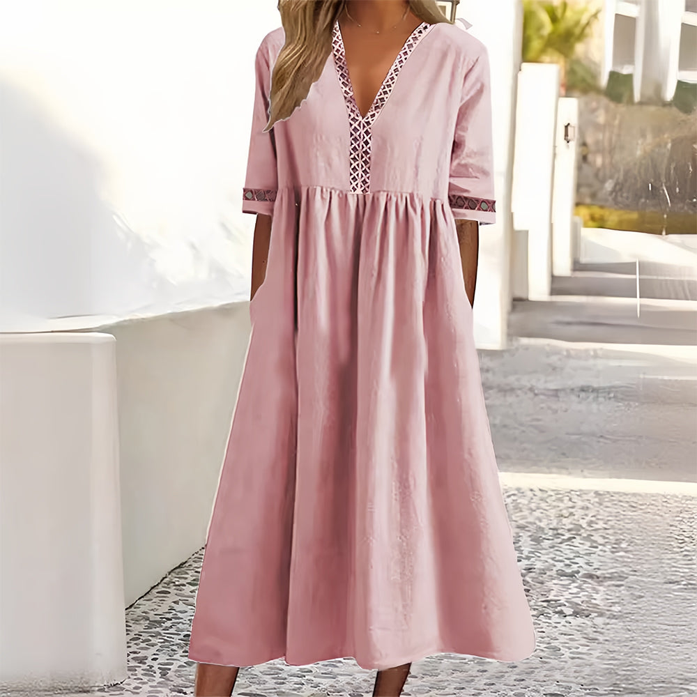 WW | Casual Loose V-Neck Cotton Linen Summer Dress with Short Sleeves