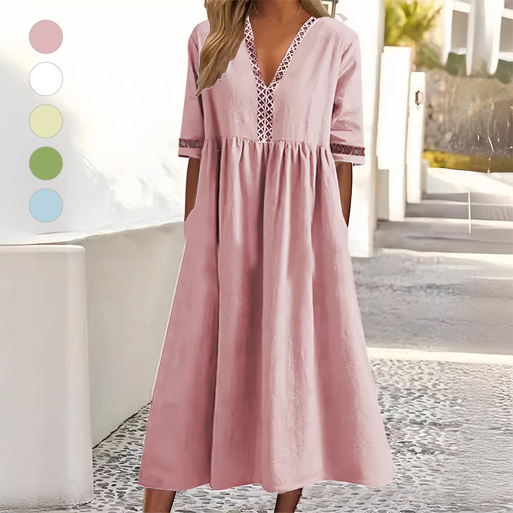 WW | Casual Loose V-Neck Cotton Linen Summer Dress with Short Sleeves