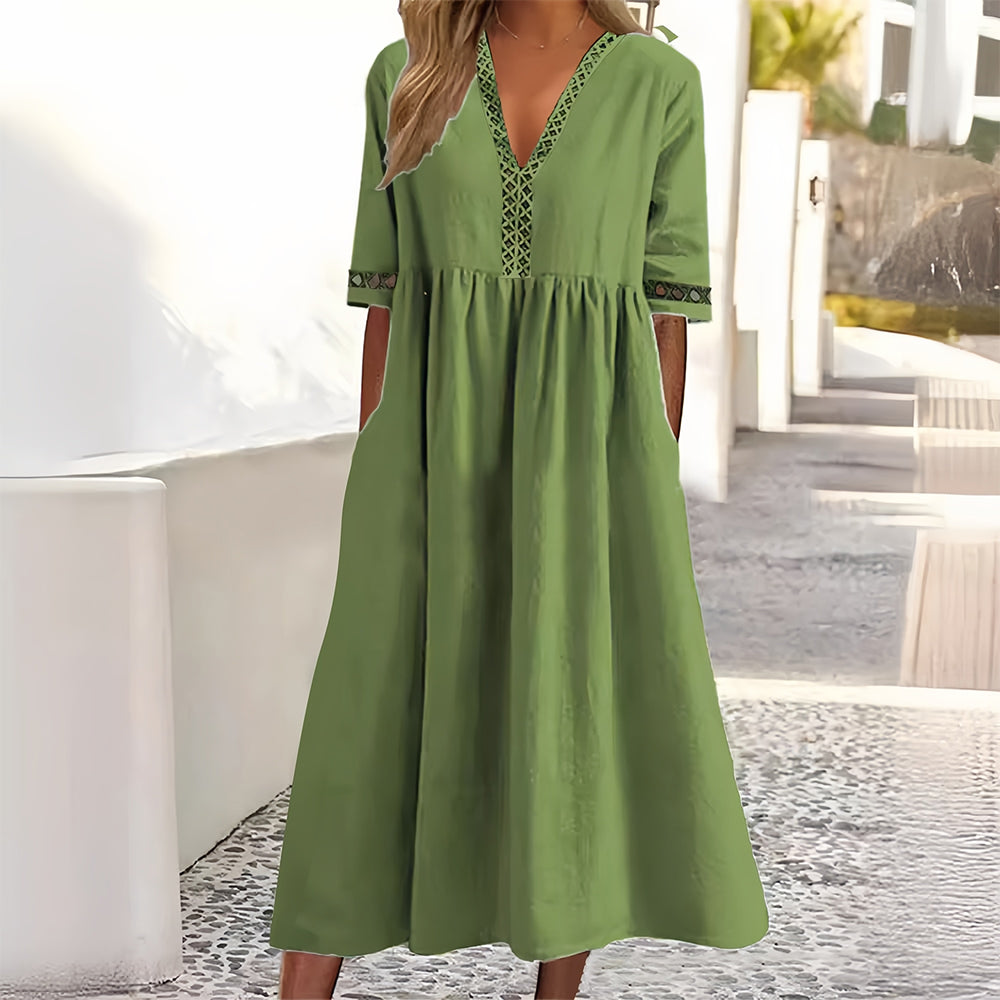 WW | Casual Loose V-Neck Cotton Linen Summer Dress with Short Sleeves