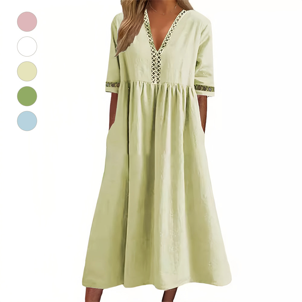 WW | Casual Loose V-Neck Cotton Linen Summer Dress with Short Sleeves