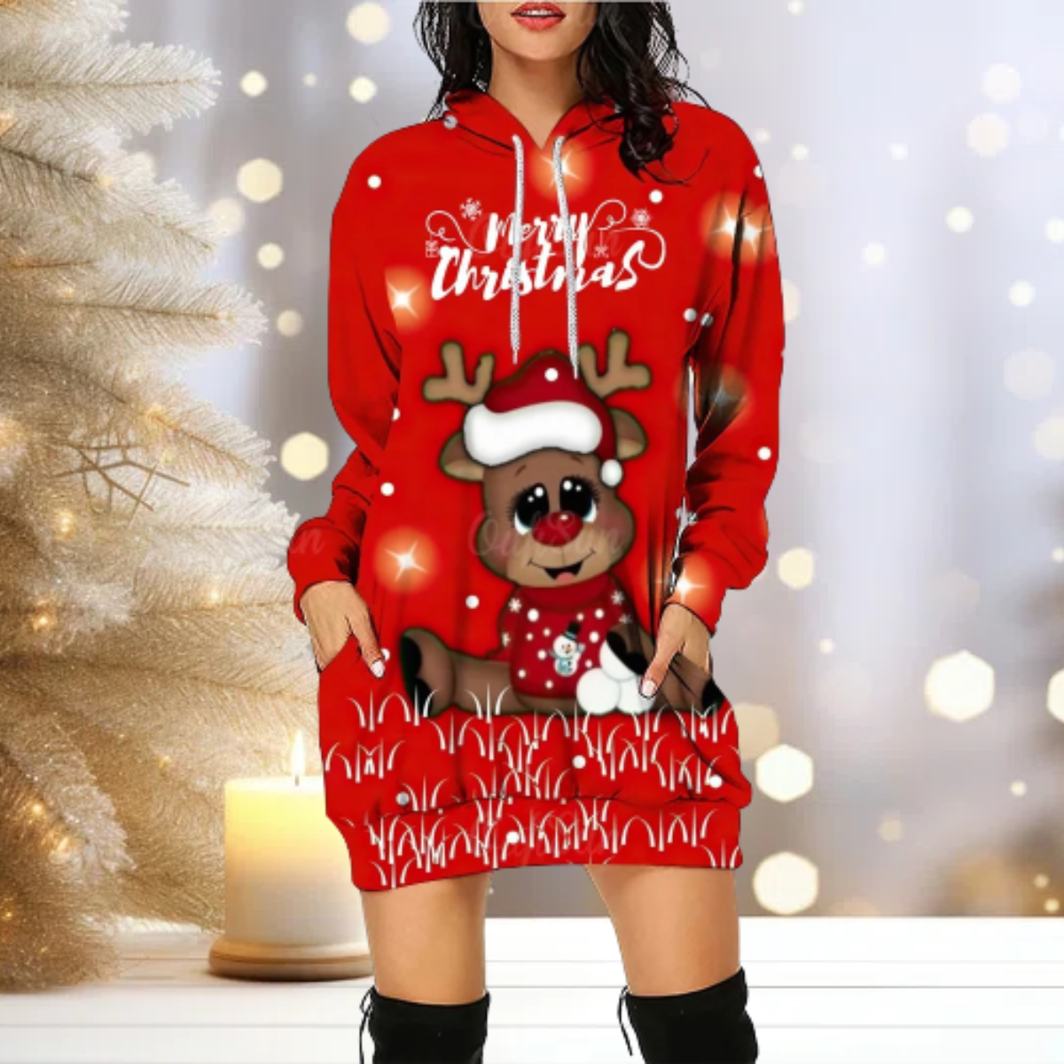 WW | Kapuzenpullover Gemütlich Rentier Kapuzenpullover Kleid Frauen Pullover