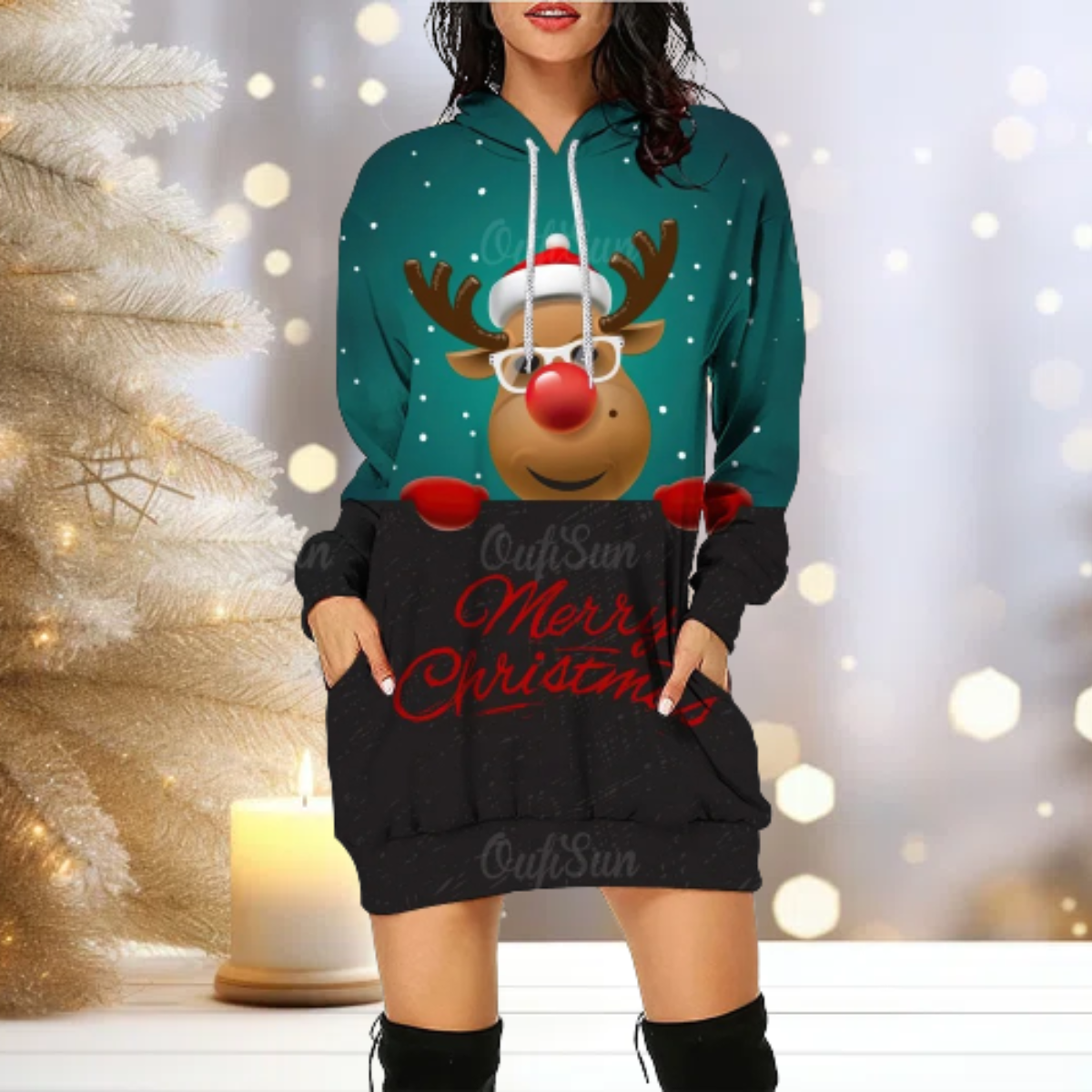 WW | Kapuzenpullover Gemütlich Rentier Kapuzenpullover Kleid Frauen Pullover