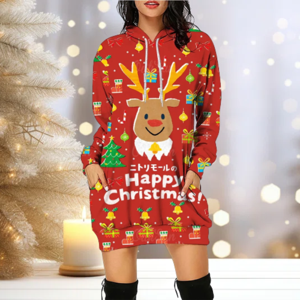 WW | Kapuzenpullover Gemütlich Rentier Kapuzenpullover Kleid Frauen Pullover