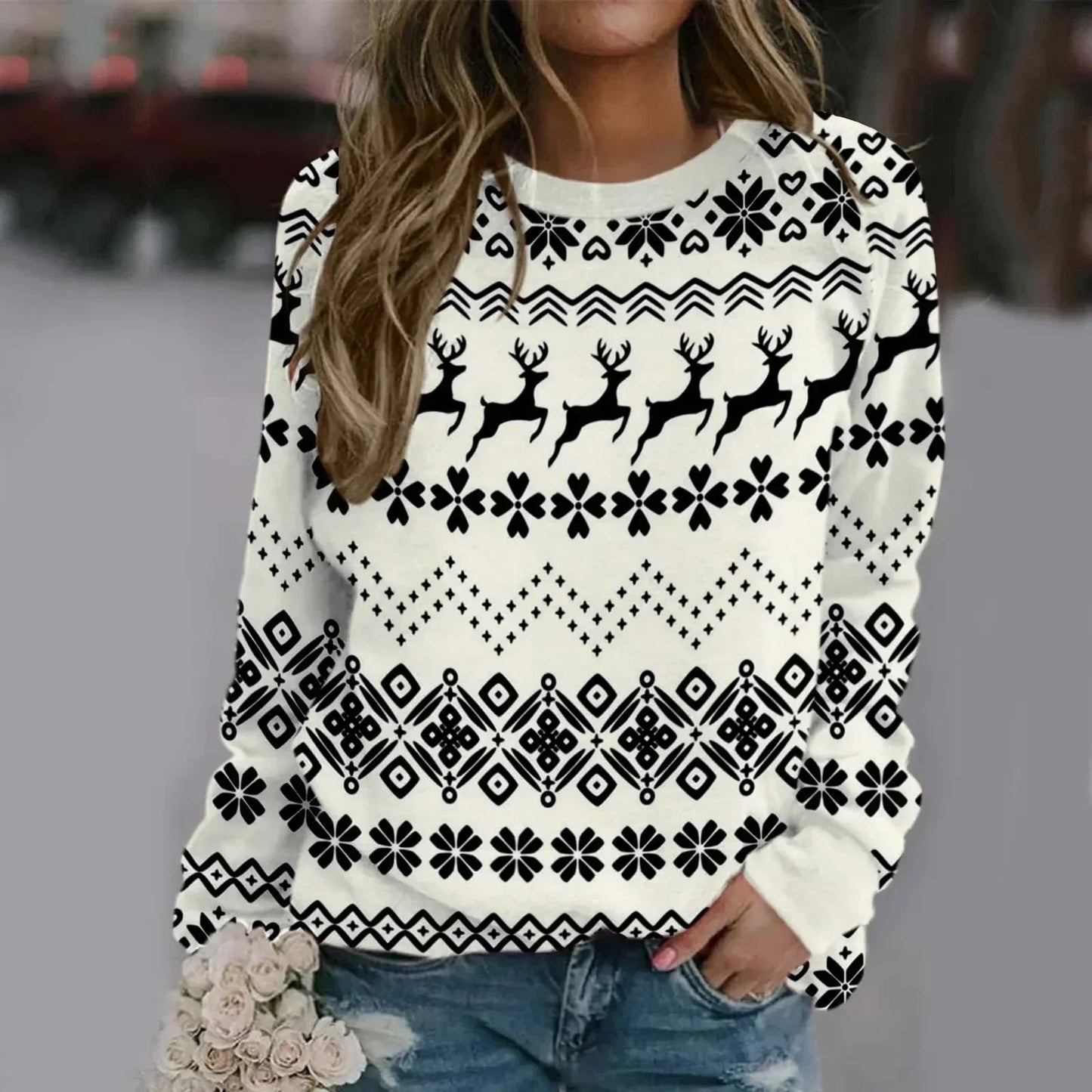 WW | Sweatshirt mit Santa-Druck - Bequemer 3D-Weihnachtspullover für die Feiertage