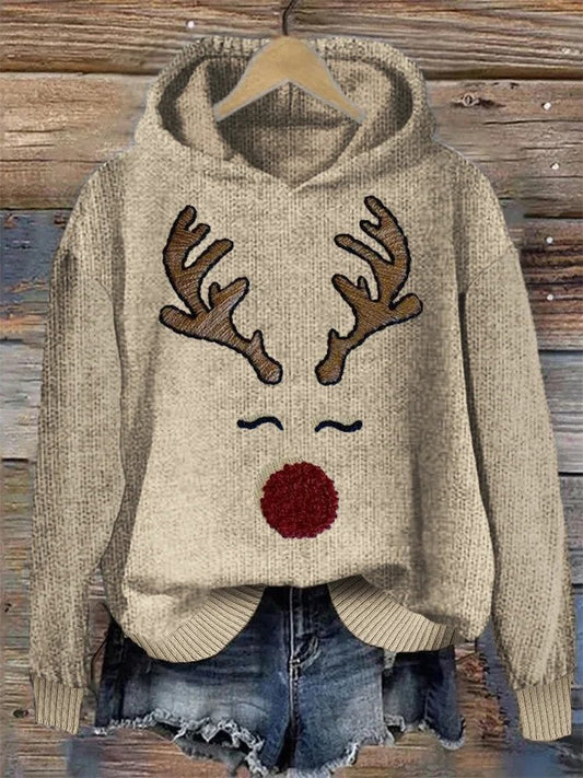 WW | Lockerer Schnitt Rentier Strick Kapuzenpullover Winterkleidung für Frauen