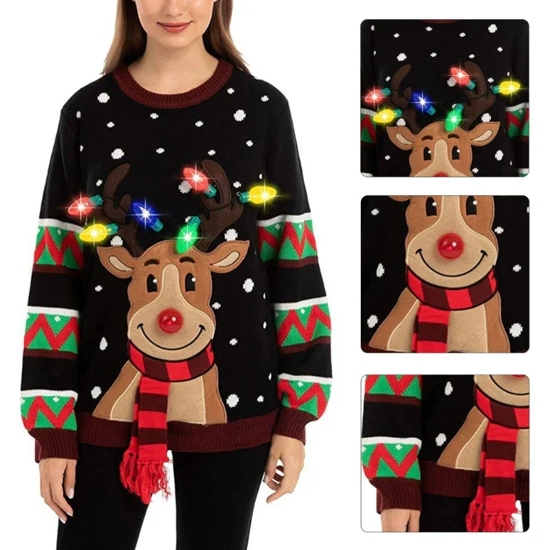 WW | Weihnachts-Pullover mit LED-Beleuchtung - Warmer & Stilvoller Damenpullover mit Rentiermuster