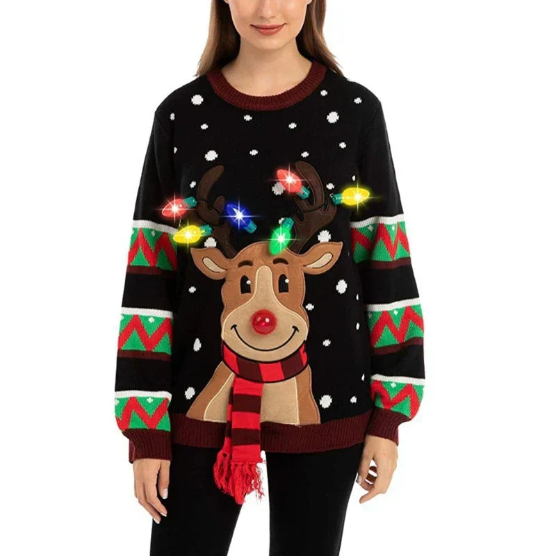 WW | Weihnachts-Pullover mit LED-Beleuchtung - Warmer & Stilvoller Damenpullover mit Rentiermuster