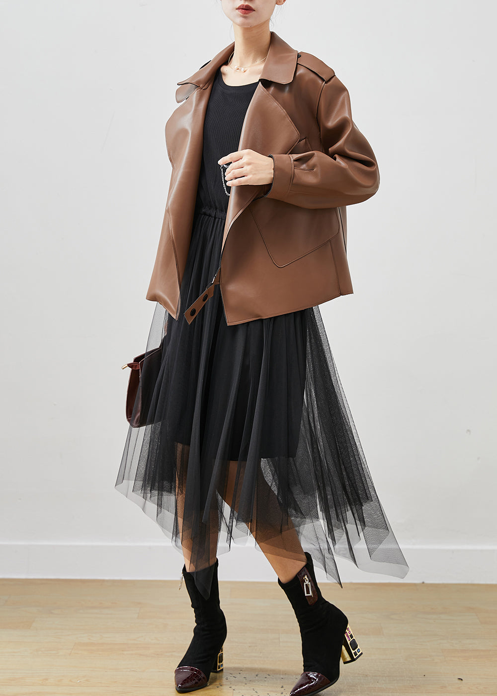 WW | Faux Leather Coats and Tulle Dress Two-Piece Set Plus Sizes