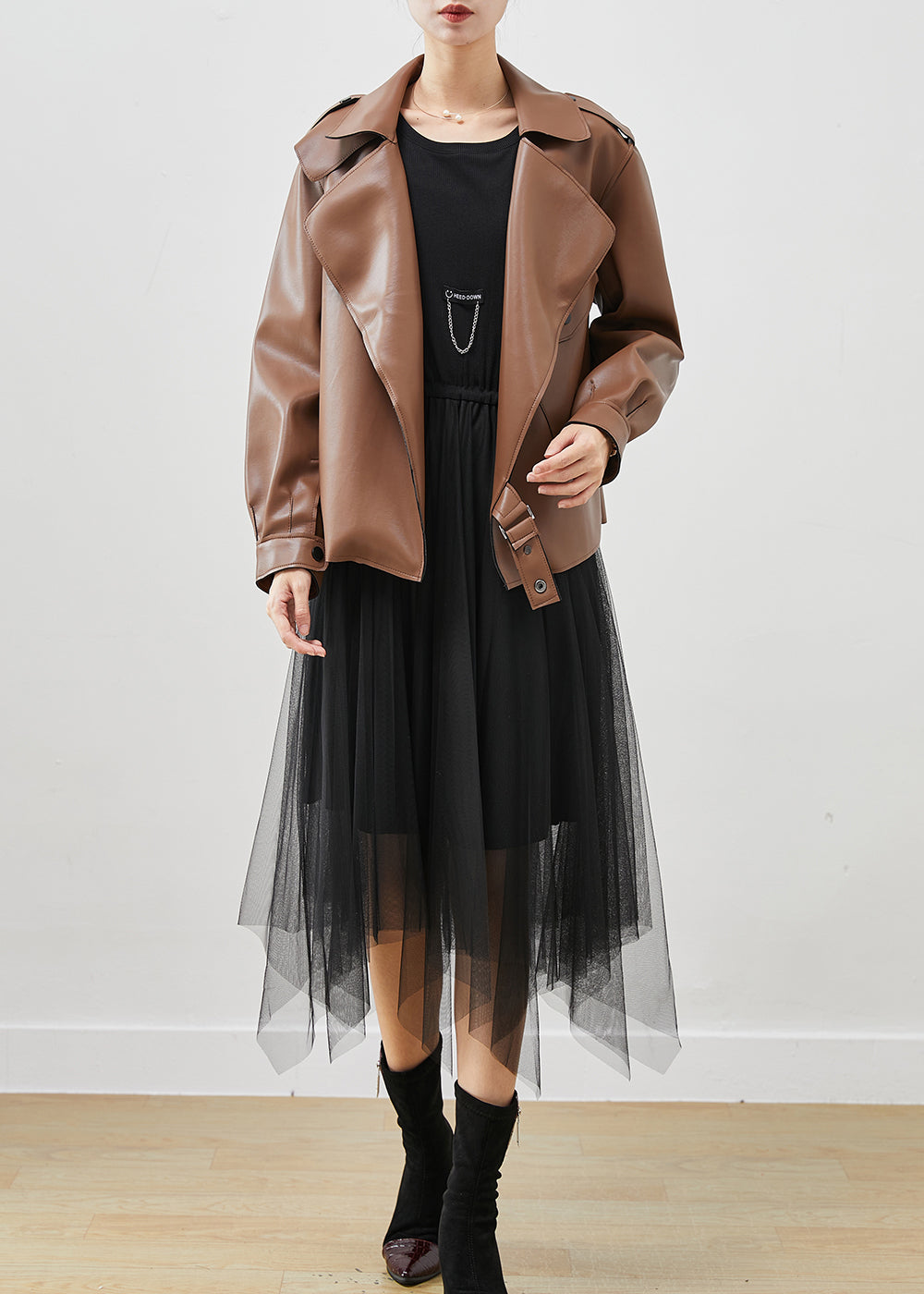 WW | Faux Leather Coats and Tulle Dress Two-Piece Set Plus Sizes