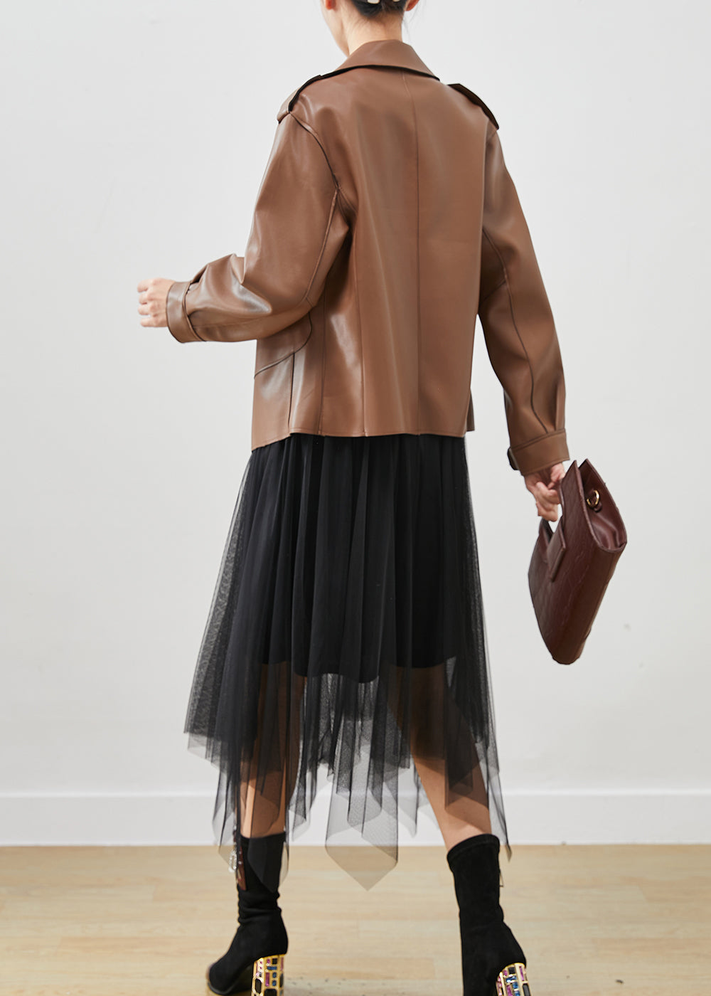 WW | Faux Leather Coats and Tulle Dress Two-Piece Set Plus Sizes