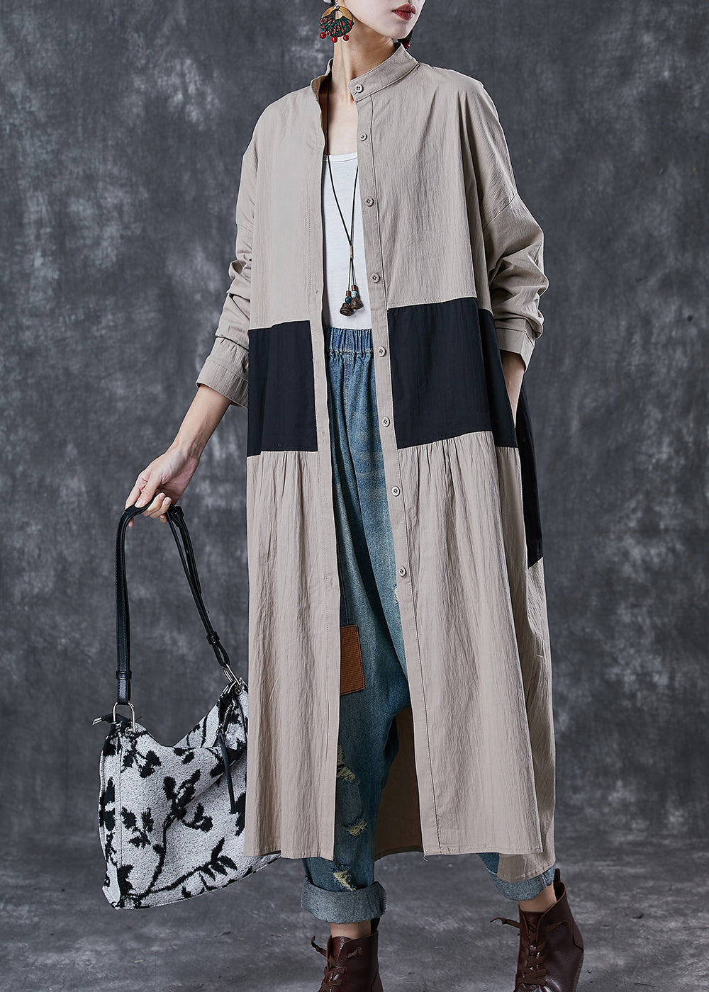 WW | Patchwork Cotton Trench Coats Stand-up Collar