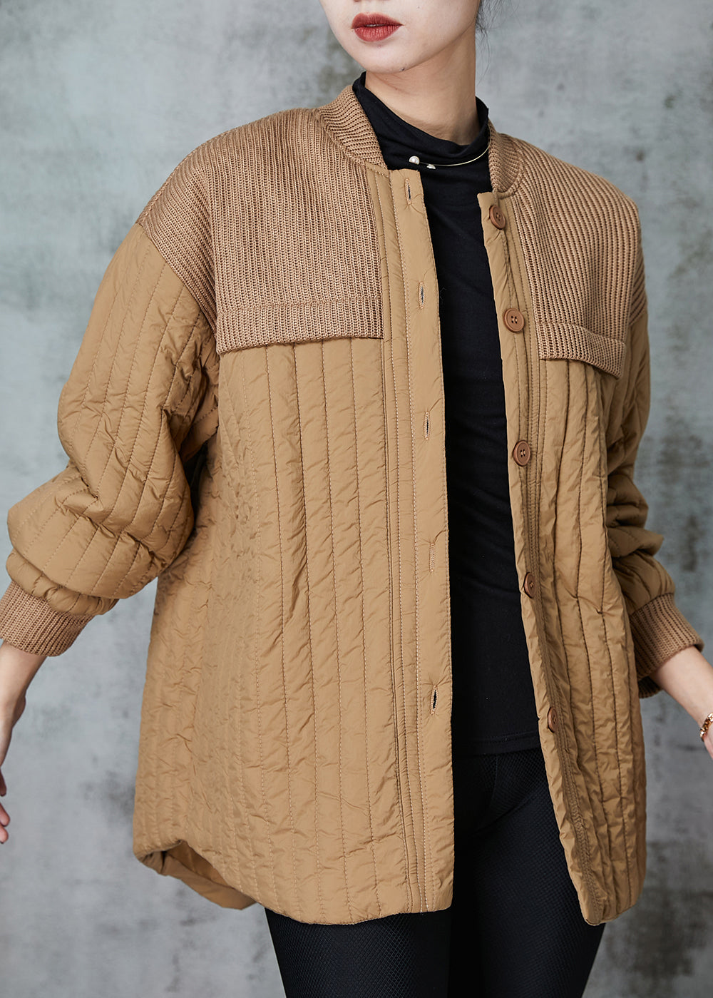 WW | Patchwork Knit Fine Cotton Quilted Jackets Stand-Up Collar