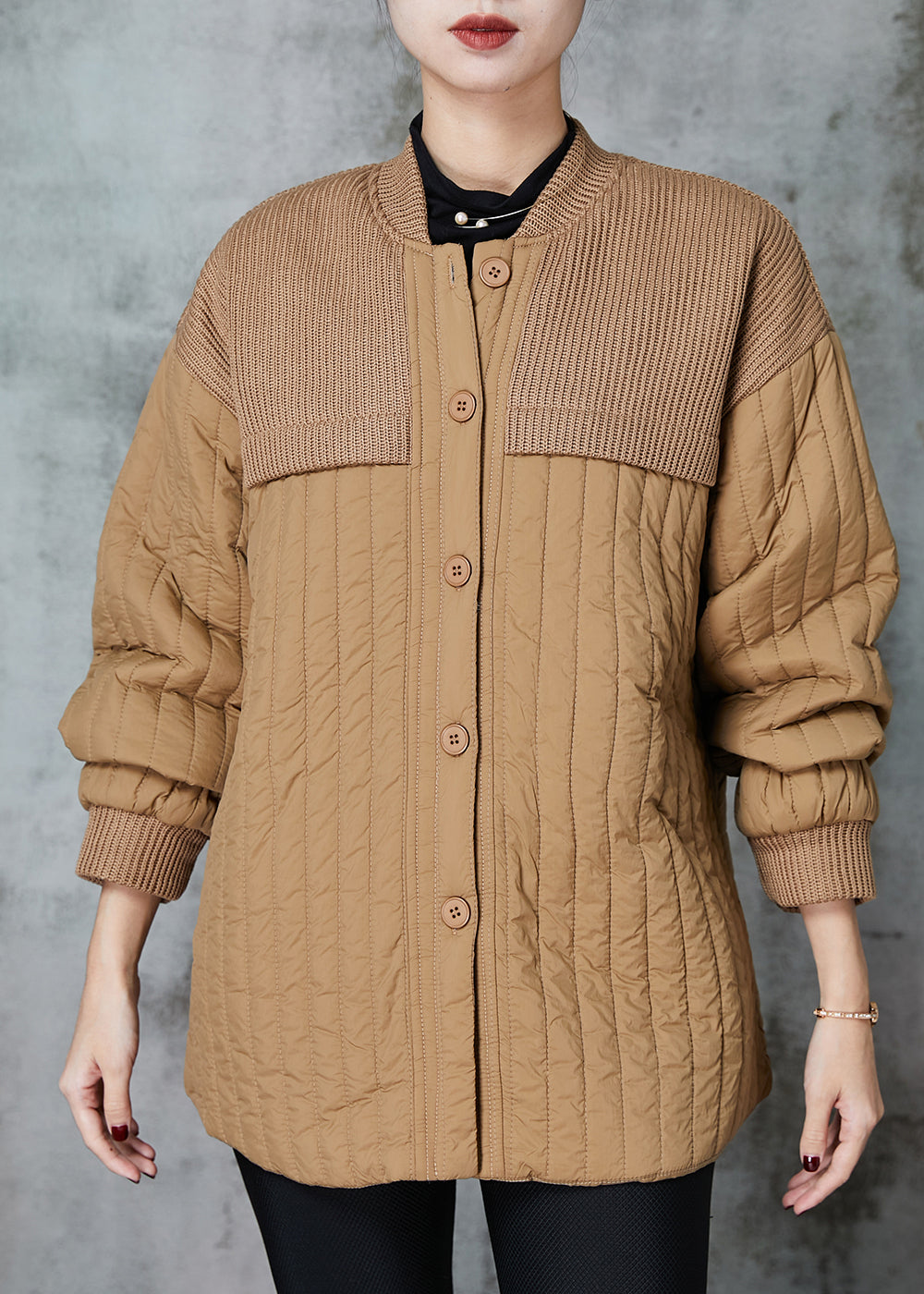 WW | Patchwork Knit Fine Cotton Quilted Jackets Stand-Up Collar