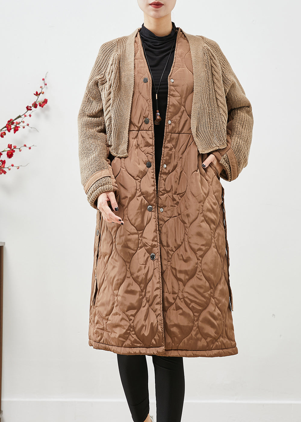 WW | Patchwork Knit Fine Cotton Filled Puffer Jackets V Neck Pockets Winter