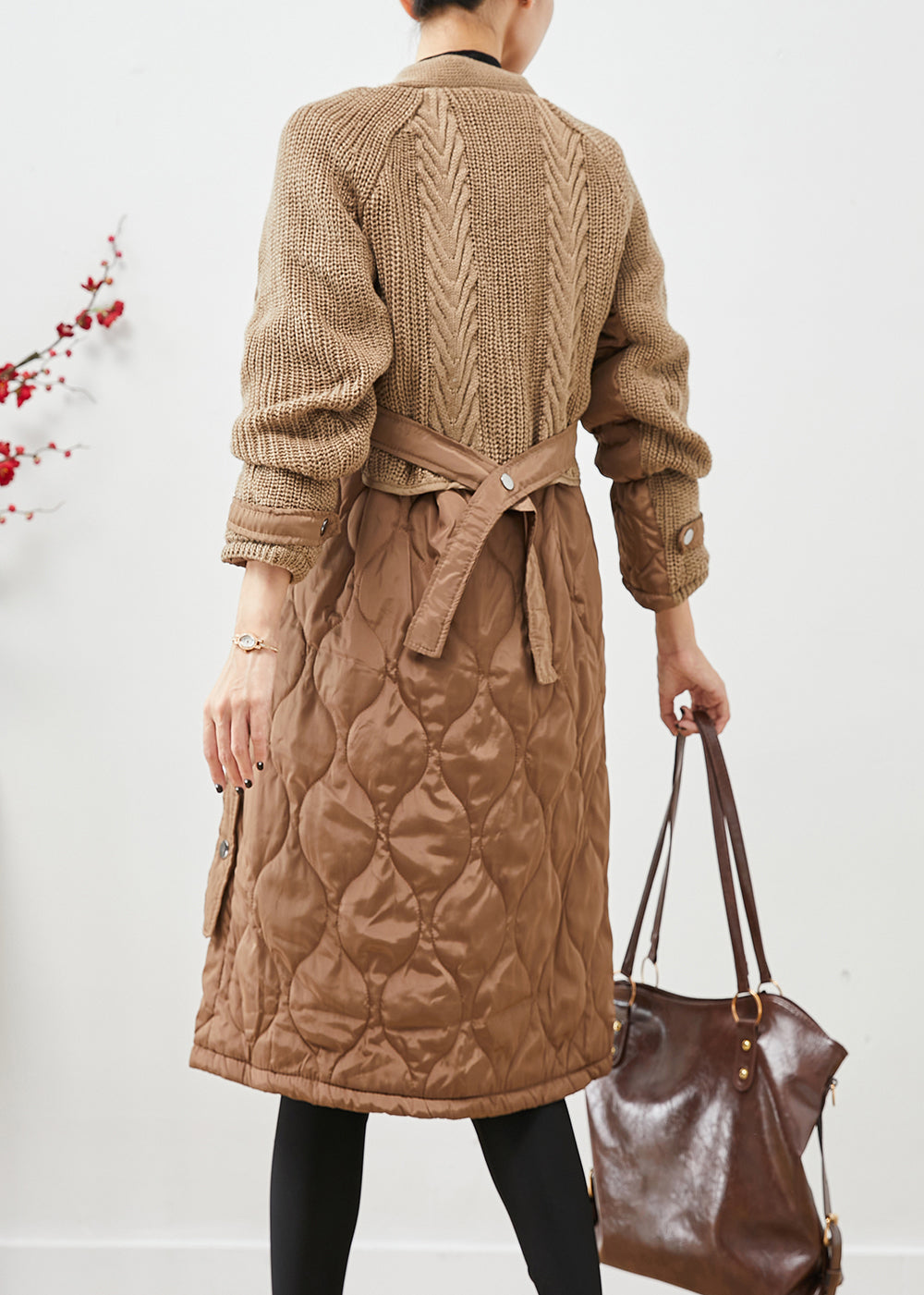 WW | Patchwork Strickfein Baumwolle Gefüllte Puffers Jacken V Hals Taschen Winter