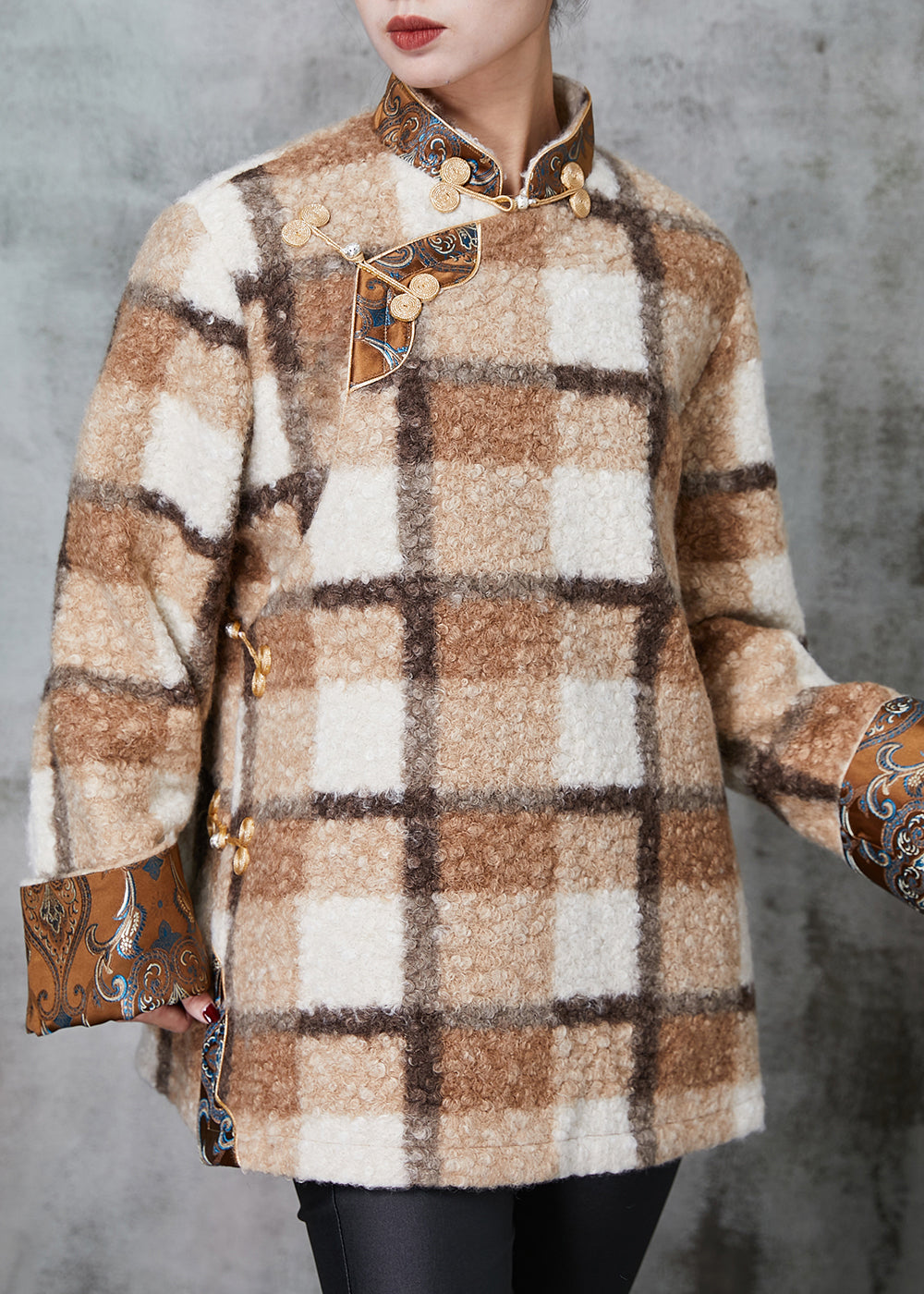 WW | Plaid Fine Cotton-Filled Wool Coats Chinese Button