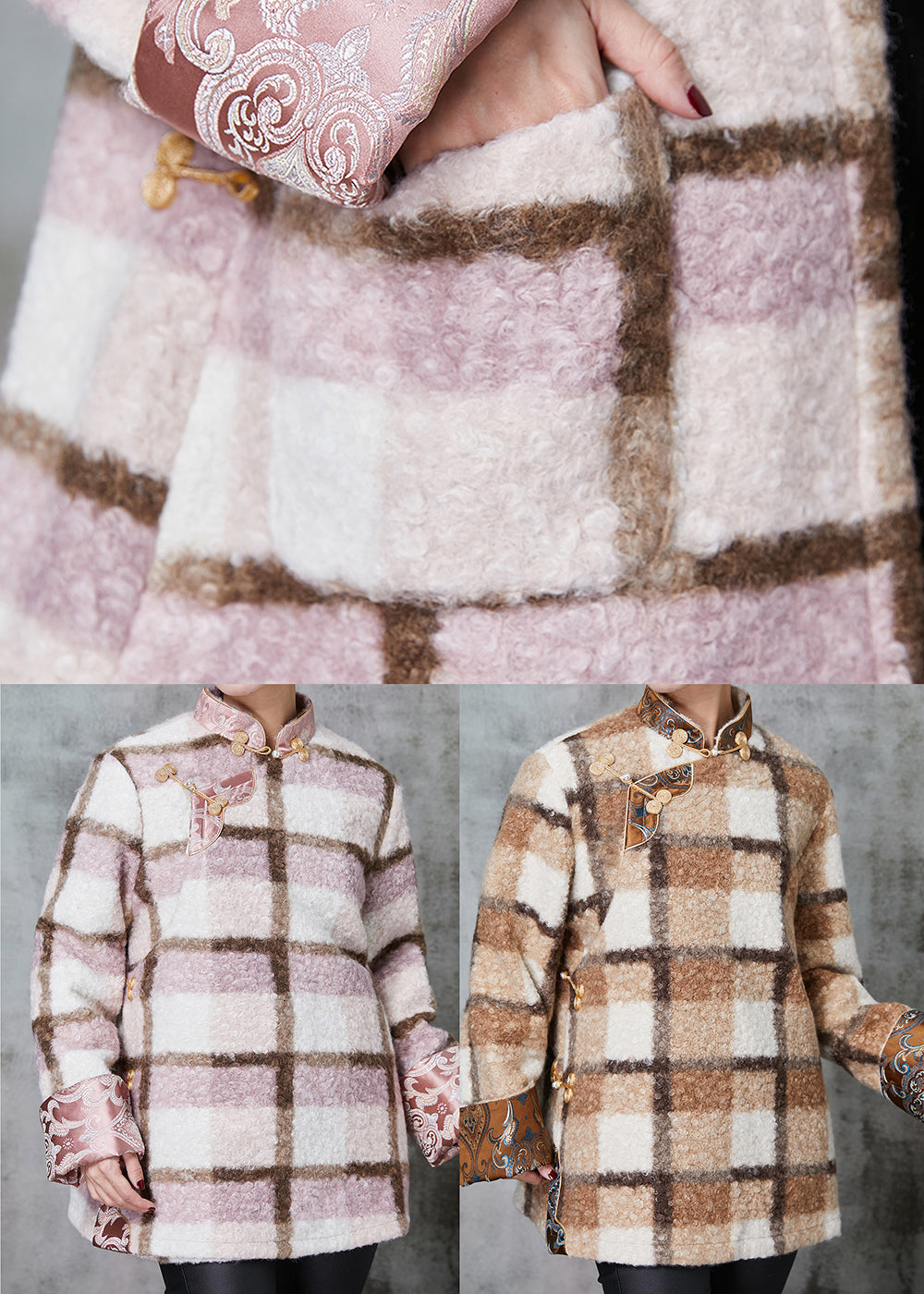WW | Plaid Fine Cotton-Filled Wool Coats Chinese Button