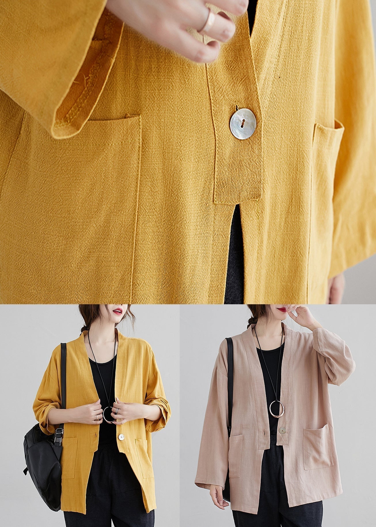 WW | Pockets Patchwork Cotton Cardigan Coats V-Neck