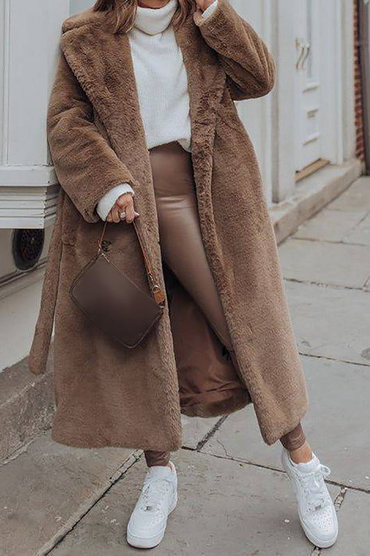 WW | Women's Long Faux Fur Jacket with Open Front and Belt