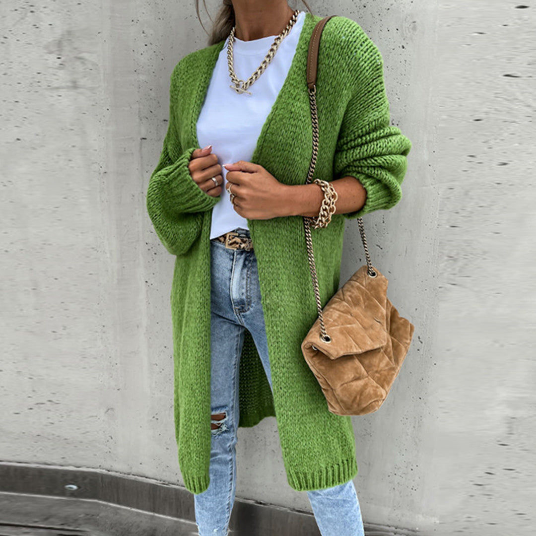 WW | Damen Langer Cardigan mit Langen Ärmeln und Offener Vorderseite